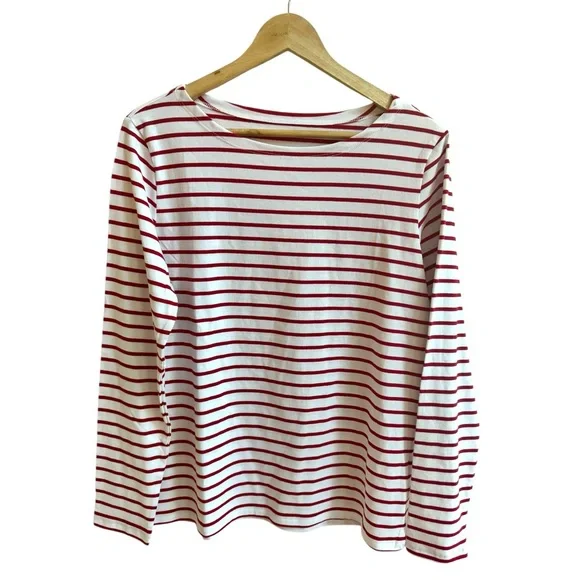 Lily Coco Red White Stripe Boat Neck Long Sleeve Cotton Womens Size L T Shirt - Picture 2 of 14